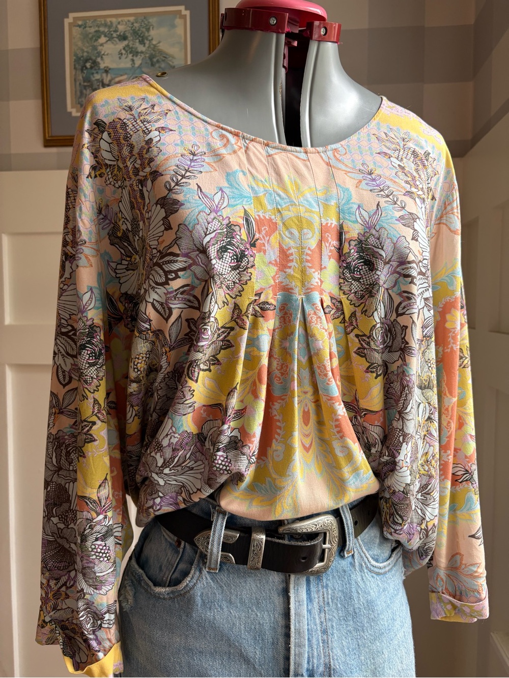 Soft Surroundings Pastel Floral Paisley Long Sleeve Top - Peach, Yellow, Blue 3X